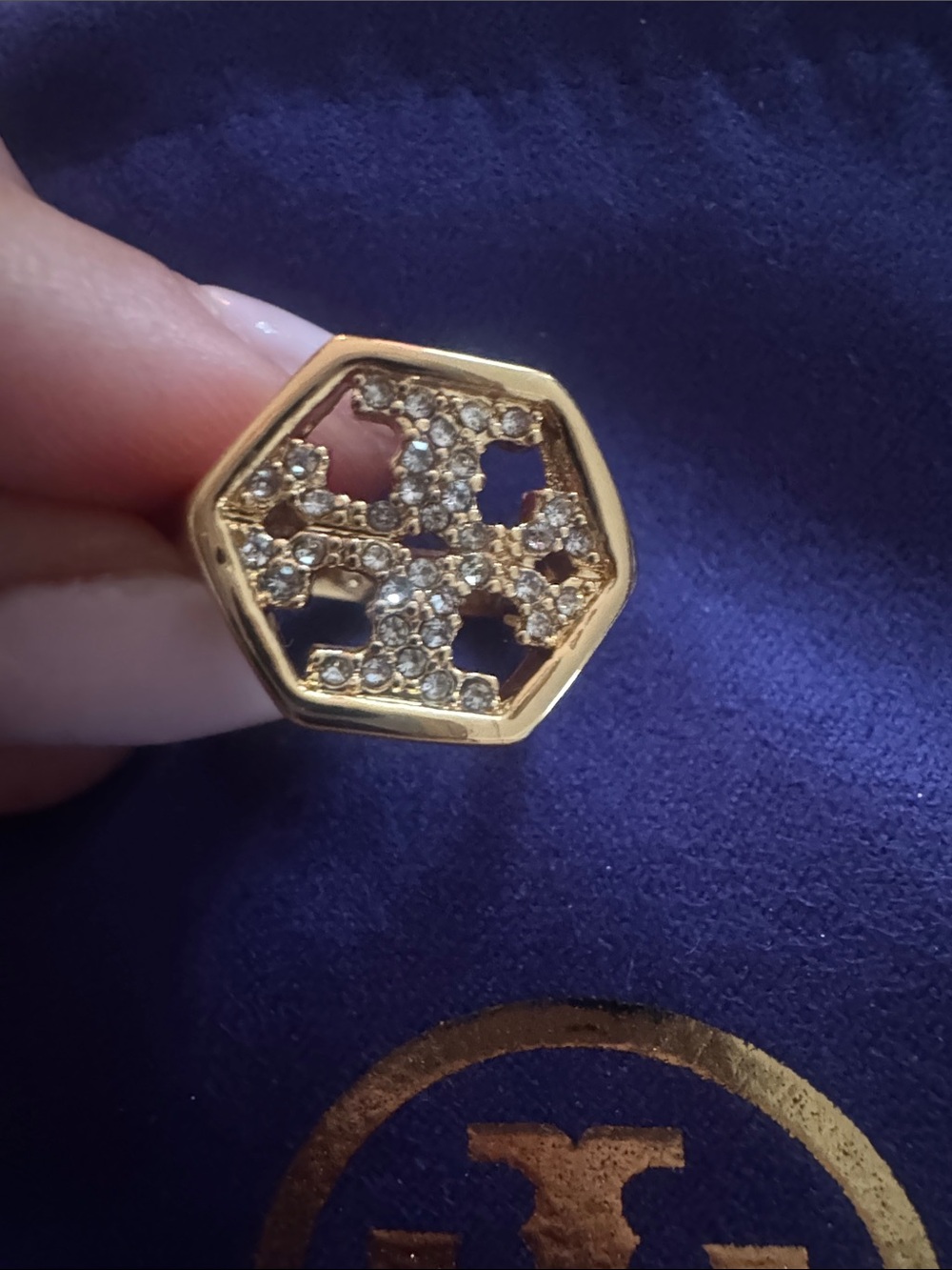 Tory Burch NWT Hexagon Logo Pave Crystal Ring Gold-Tone Hardware NWT $169